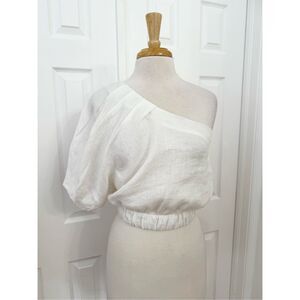 Lanhtropy Asymmetrical White Tulip Linen One Shoulder Puff Sleeve Crop Top M